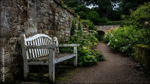 Distressed whitewashed wooden bench beside a garden path with stone wall and archway