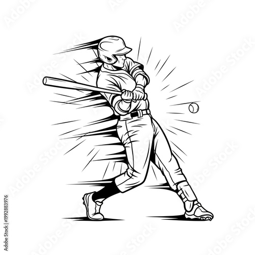 Baseball player swinging bat hitting ball, dynamic action illustration, motion blur