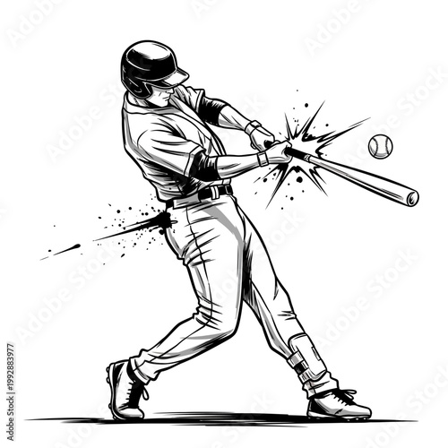 Baseball player swinging bat hitting ball, dynamic action shot, black and white illustration