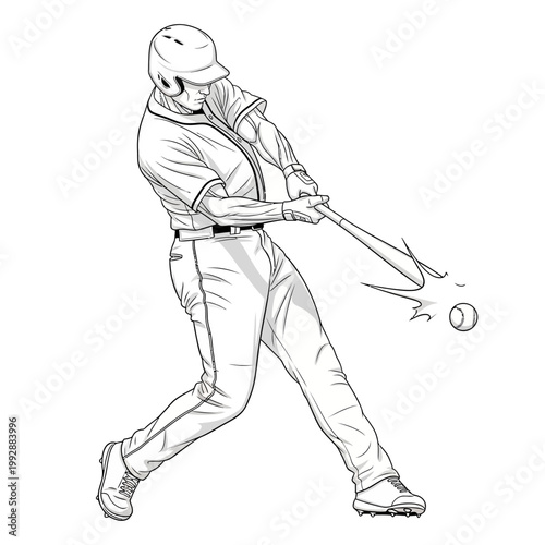 Baseball player swinging bat hitting ball, dynamic action shot, black and white illustration