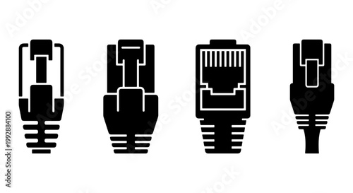 Ethernet cable connector icons, RJ45 network plug set, black vector symbols