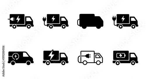 Electric truck icons set, 8 eco delivery van vectors, green logistics symbols