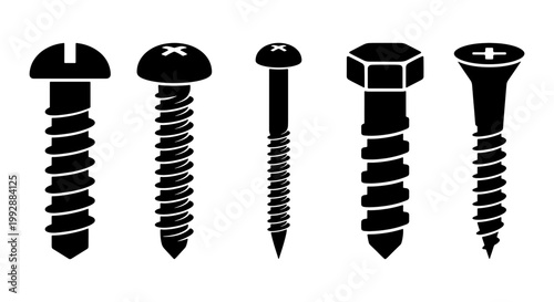 Industrial screw icons set, black metal bolt silhouettes, hardware vector