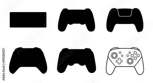 Gaming controller icons set, video game gamepad silhouettes, 6 vector elements