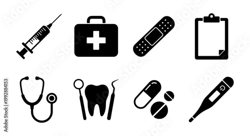 Medical icon set, healthcare symbols, 8 black vector icons for hospital apps