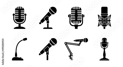 Vintage microphone icon set, 8 podcast mic vectors, studio audio equipment