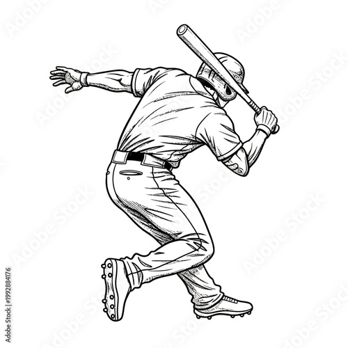 Baseball player swinging bat, action shot, black and white sketch
