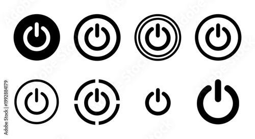 Minimalist power button icons, 8 black start symbols, digital switch vector set