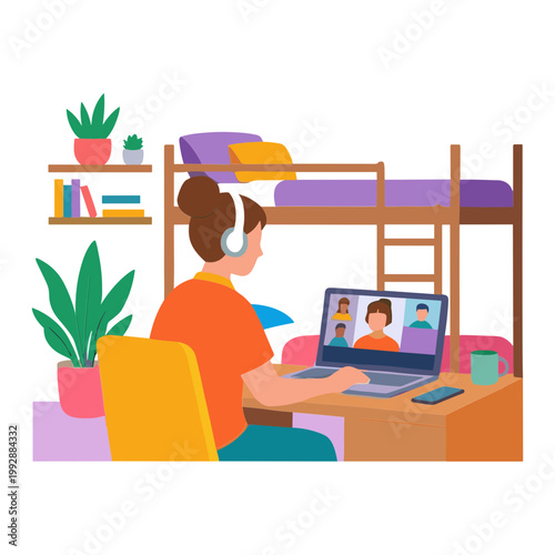 A woman sits at a desk in a dorm room with a laptop and headphones on attending an online meeting with two people on the screen.