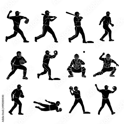 Baseball Player Silhouettes: Action Poses of Pitcher, Batter, Catcher, Fielder