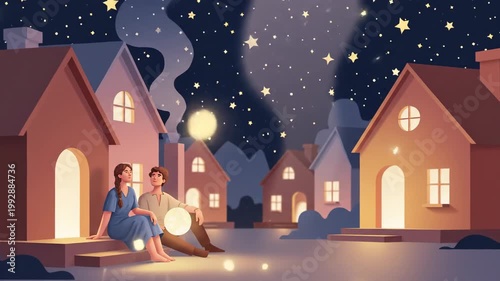 Cozy winter holiday scene with family decorating christmas tree and festive houses