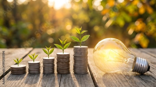 Creative concept of growing plants on coin stacks with a lightbulb on a wooden table outdoors