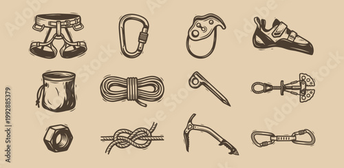 Rock climbing equipment icons in hand drawn vintage style for mountaineering adventure branding