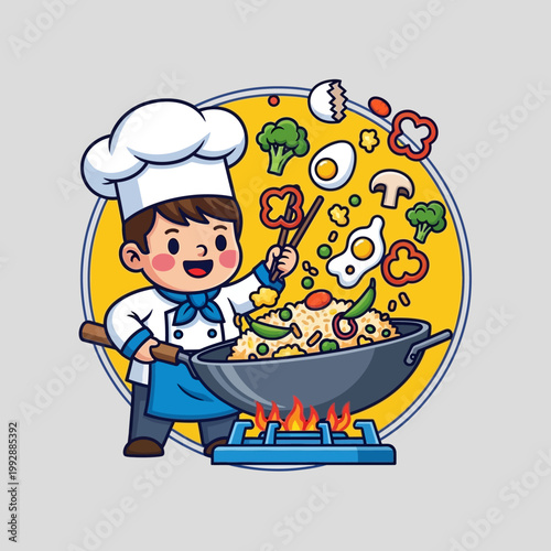 Cute Chef Cooking Fried Rice in Wok on Gas Stove with Flying Ingredients