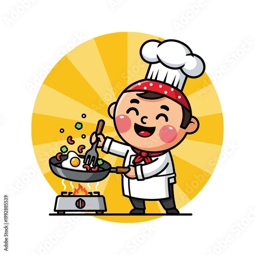 Happy cartoon chef boy cooking breakfast with fried eggs and vegetables in a pan