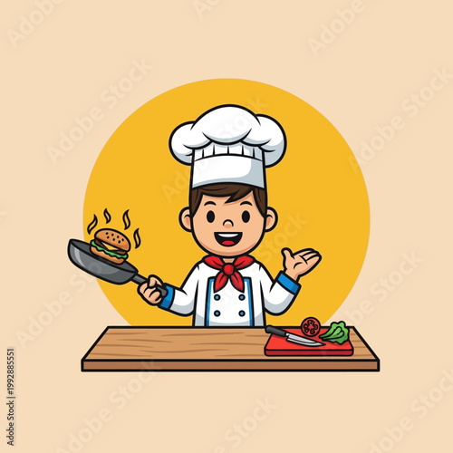 Happy Chef Boy Cooking Burger in Pan, Kitchen, Food Preparation, Healthy Meal