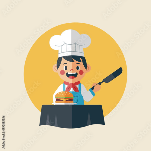 Happy Chef Boy Presenting a Delicious Burger on a Table