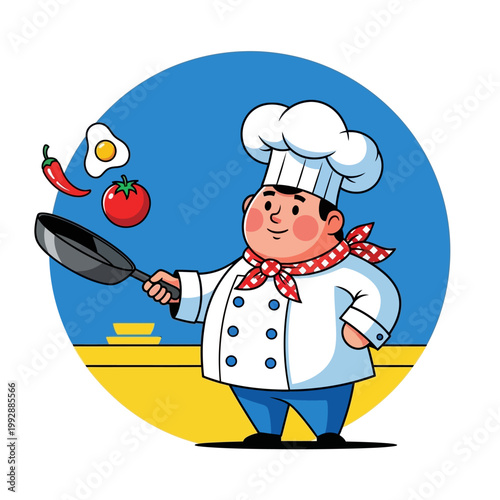 Happy Chef Cooking Breakfast with Frying Pan, Tomato, Chili Pepper, and Fried Egg