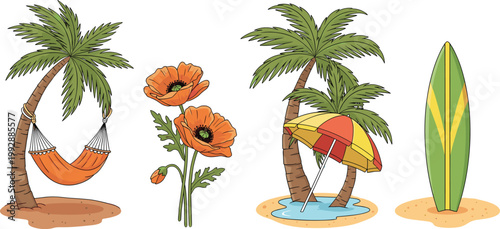 Tropical beach elements including palm tree with hammock, beach umbrella, surfboard and flowers, summer vacation seaside vector illustration set
