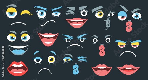 Set of Cartoon Eyes and Mouths Expressing Various Emotions on Dark Background