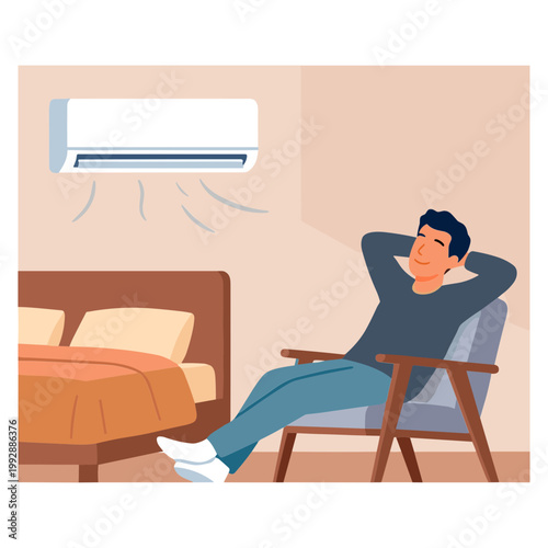 Man relaxing on chair under air conditioner in bedroom