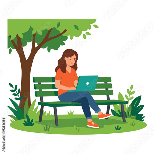 Woman sits on green park bench using laptop under tree with plants