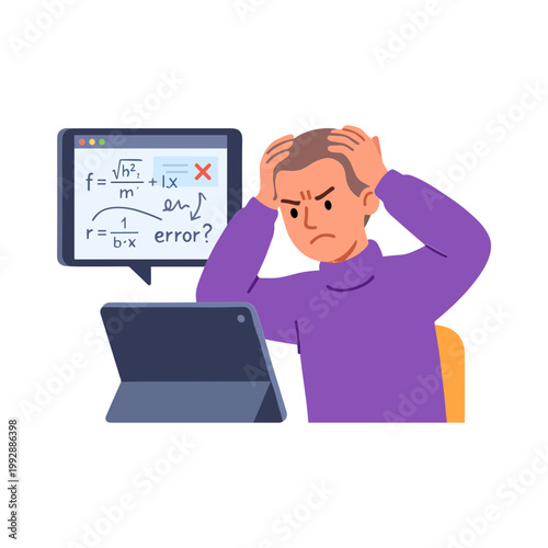 Man stressed by math on screen and laptop