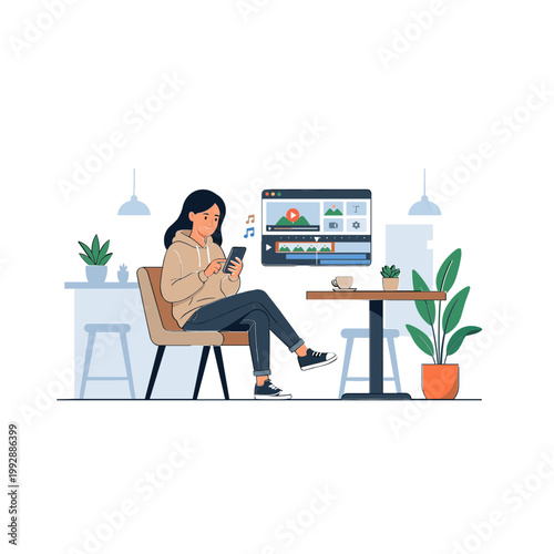 Woman sits on chair working on laptop at modern office desk with plants around.