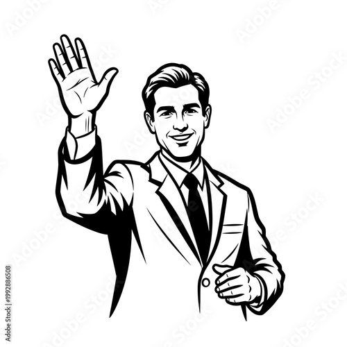 Smiling businessman waving hand, friendly greeting, professional, confident, isolated on white background
