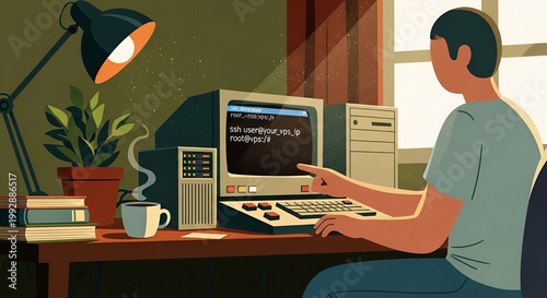Stylized Illustration of Remote Server Access via SSH Terminal on Retro Desktop Computer