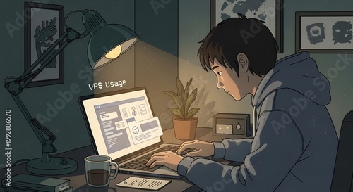 Atmospheric Digital Illustration of a Young Tech Professional Monitoring VPS Server Metrics at Night