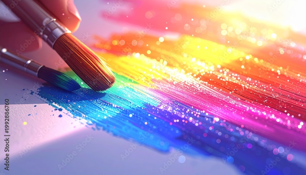 Obraz premium Vibrant rainbow colored paint strokes on white background with brush.