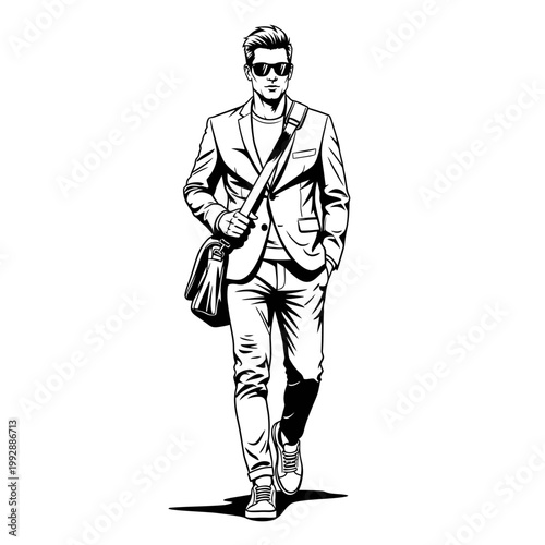 Stylish Man Walking with Messenger Bag, Business Casual Outfit, Sunglasses, Modern Fashion