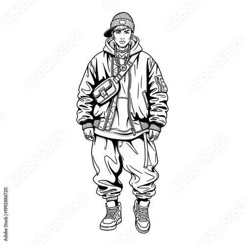 Stylish young man in oversized streetwear, beanie, bomber jacket, and baggy pants, posing confidently.