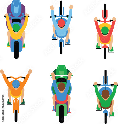 Motorcycle riders top view set, colorful bikers vector illustration for transport design