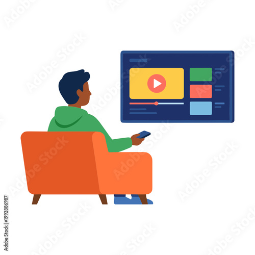 A man sits on a couch watching a video on a large screen device with a remote control.