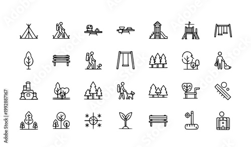 Nature and park lifestyle icon vector set with forest picnic camping hiking and leisure symbols in line style