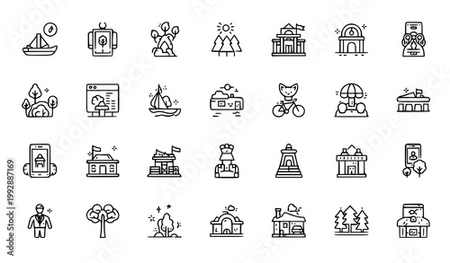 Minimal park infographic icon vector set with camping hiking picnic forest and outdoor recreation symbols