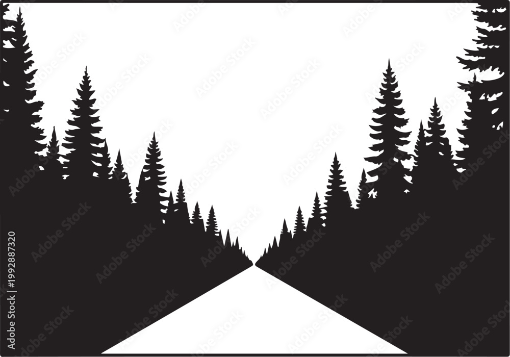Obraz premium Pine forest, road, trees silhouette, black and white, vector landscape