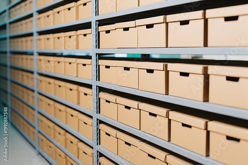 Archival shelving lined with storage boxes in a tidy records room