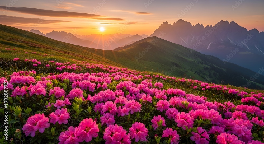 Obraz premium Vibrant pink flowers blooming in a lush mountain valley at sunrise