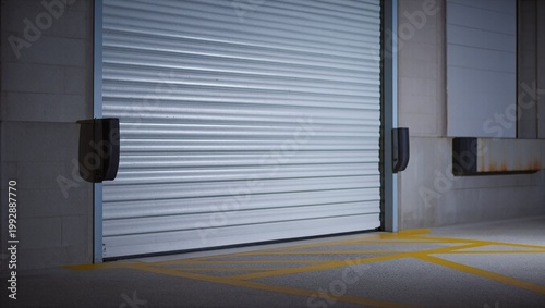 Industrial depot bay door closed at a loading dock in a warehouse