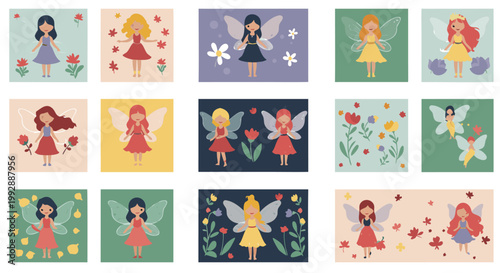 Collection of colorful illustrations of whimsical fairies and fantasy creatures on rectangular backgrounds