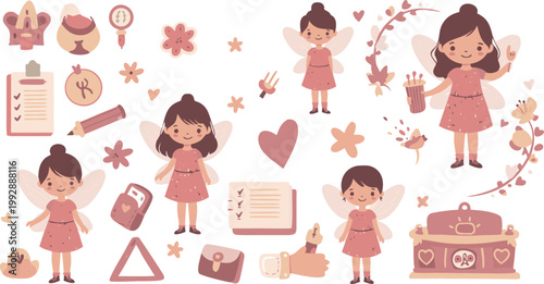 Illustration of young girl in various poses with school supplies and objects