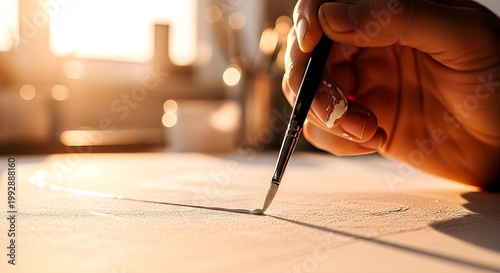 Artist's Hand Painting A Line On Textured Surface With Paintbrush In Warm Light