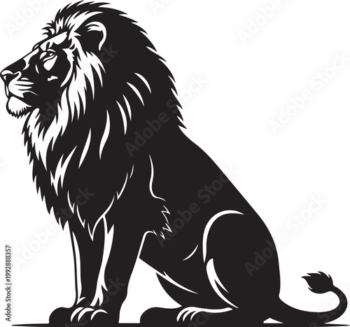 Black lion vector, sitting lion icon, majestic lion illustration, animal silhouette