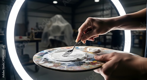 Artist's Hand Mixing White Paint On Palette In Studio Illuminated By Ring Light