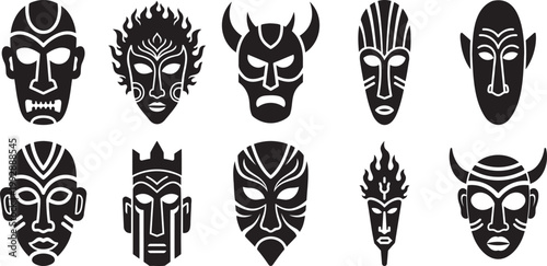Tribal masks collection silhouette vector illustration with native american tribal art traditional primitive decoration silhouette illustration silhouette vector illustration