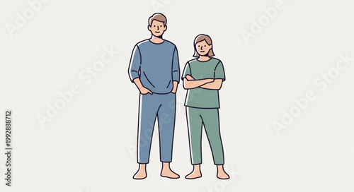 Two people standing wearing casual loungewear outfits.
