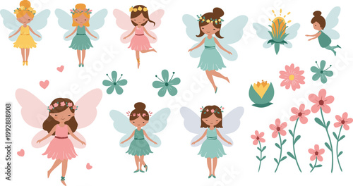 Whimsical illustration of multiple fairies in various poses with flowers and clover